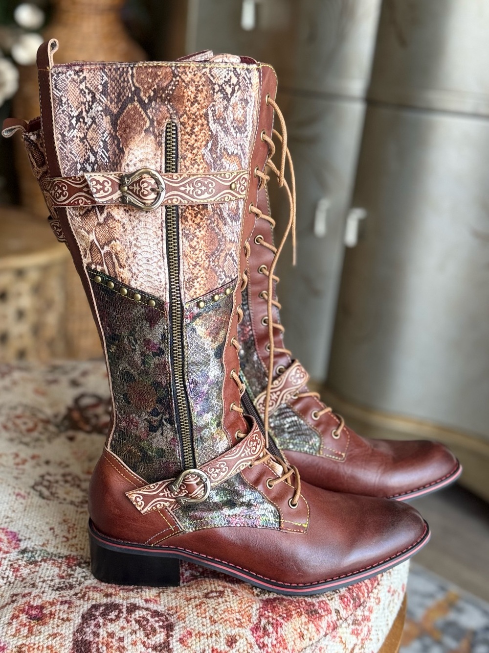 Western Boho Brown Snake-Print Lace-Up Riding Boots leather Victorian knee high